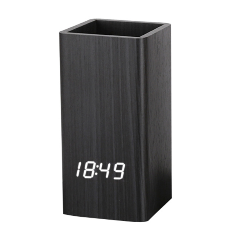 Voice Control Digitale Houten Pennenhouder Wekker Creatieve Student Desktop Usb/Battery Operated Led Potlood Organisator 29EA: black wood