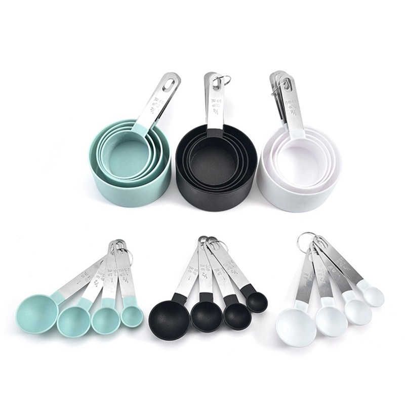 Juego de 4 cucharas y vasos medidores de cocina con mango de acero inoxidable, perfectas para herramientas para hornear fuentes de horno, utensilios de cocina