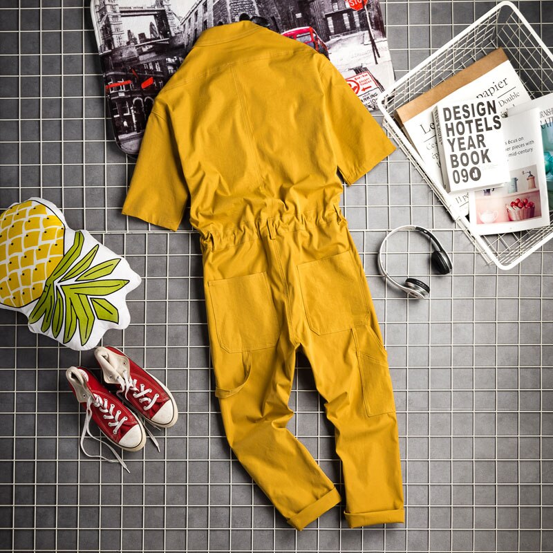 Monos de verano para hombre, mono de algodón con solapa, hasta el tobillo manga corta, ropa de calle de Hip Hop, pantalones holgados de ocio, color negro y amarillo