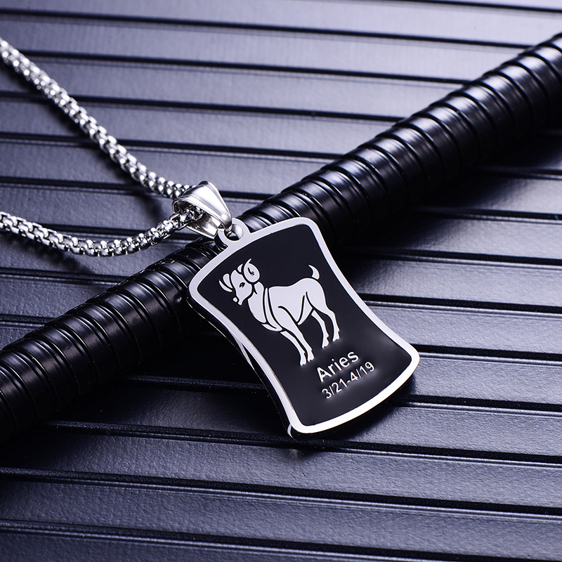 Zodiac sign 12 constellation pendant men necklace stainless steel male accessories gold simple silver necklace chain Square card