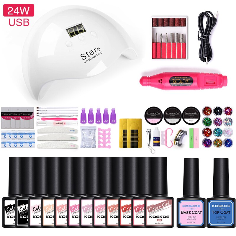 Koskoe neglesæt gel lak sæt kit 8/10/12/14/16 uv led farve gel negle lak kit med negle lampe negle kunst dekorations værktøj: 24w 12 farver sæt 3