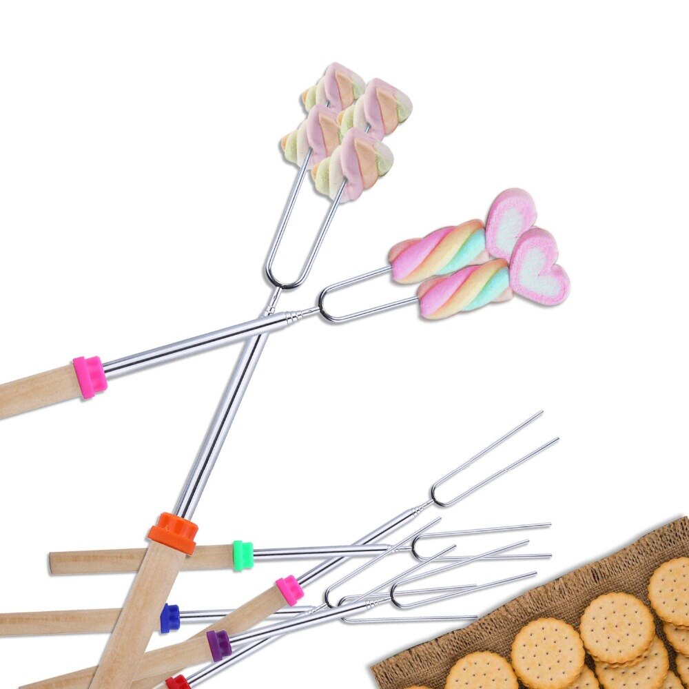 8 stks/set Rvs Barbecue Vorken Marshmallow Roosteren Sticks Uitschuifbare Vorken voor Patio Vuurkorf, Kampvuur, Bonfire, grill