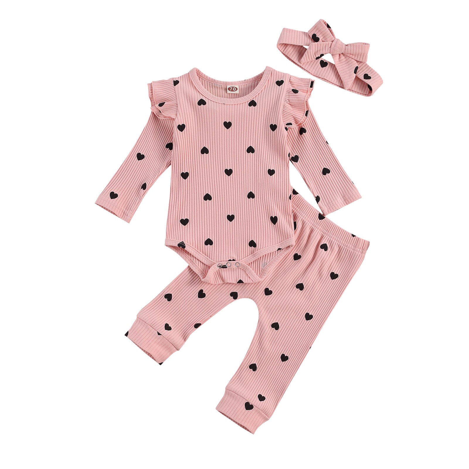 Mise au point 0-24M -né bébé filles garçons vêtements ensembles 3 pièces coeur imprimé volants à manches longues barboteuse pantalons hauts bandeau: Rose / 6M