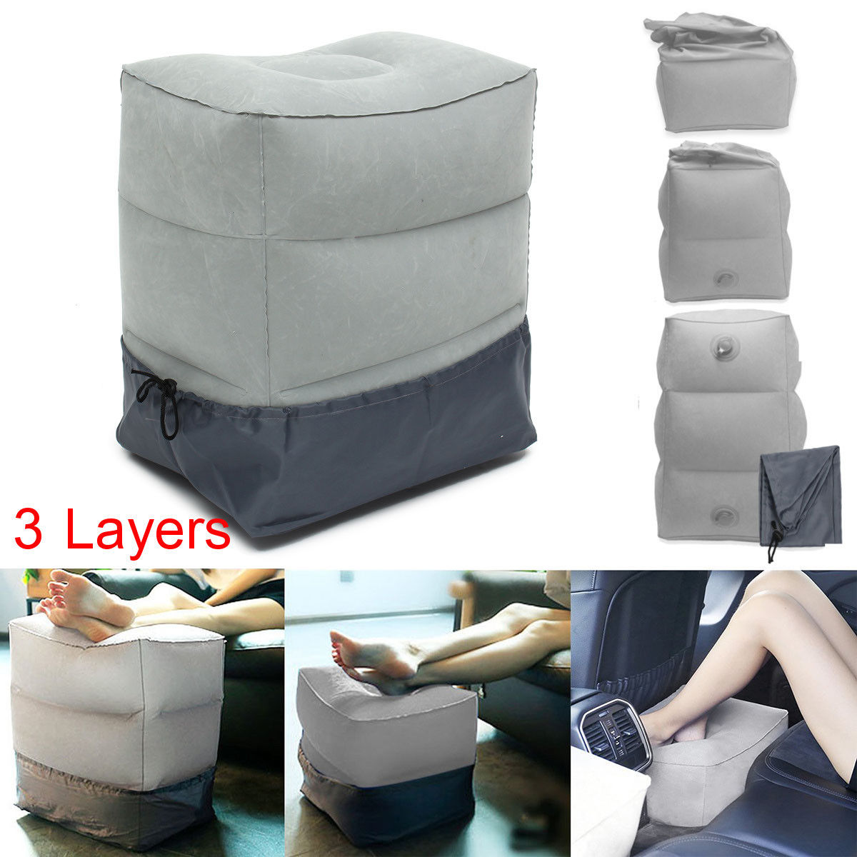 1 unidad de almohada inflable portátil para reposapiés de viaje, tren de avión, coche, cama de niños adultos, reposapiés, almohadas grises sin bolsas
