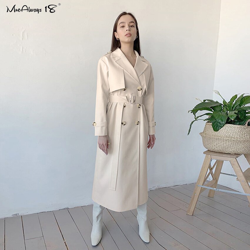 Mnealways18 Neue Zweireiher Graben Mantel Kleid Frauen Windjacke Langarm angeschnallt verlieren Mantel Damen Oberbekleidung Frühling Herbst: Beige / L