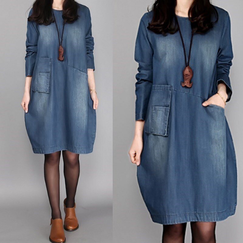 Maternity Denim Autumn Dress Long Sleeve O-Neck Loose With Pocket Dresses for Pregnant Women Pregnancy Comfortable Clothes