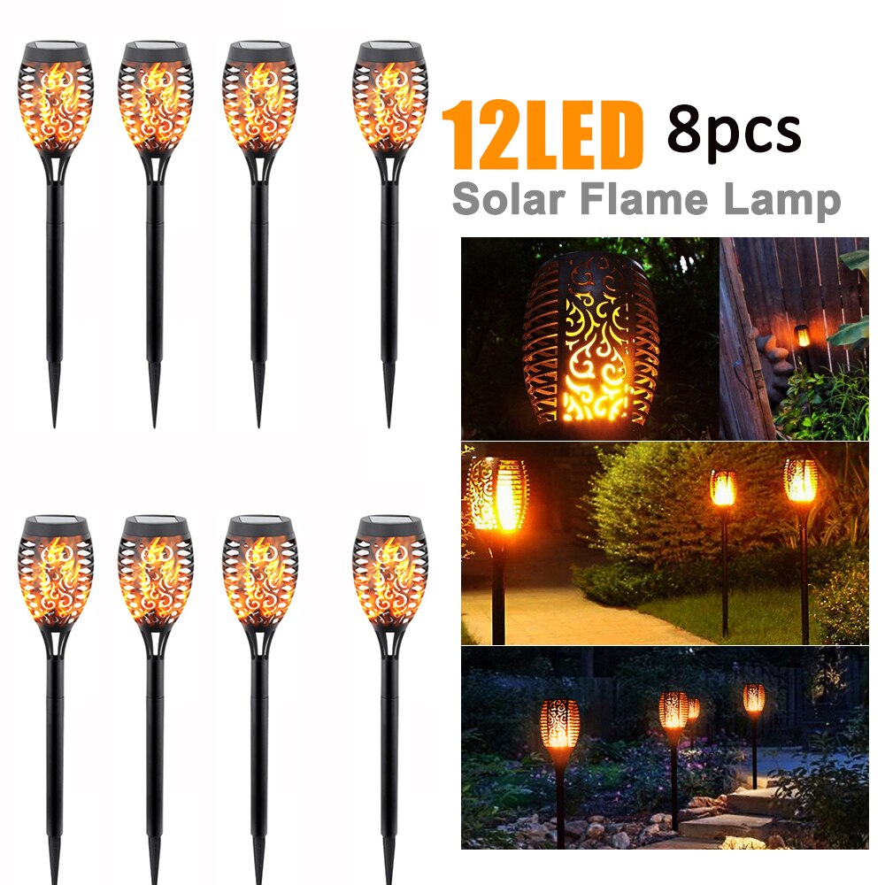 Led solar flamme fakkel lampe udendørs solar lamper til haveindretning lys flimrende lampe gårdhave balkon græsplæne sti spotlight: 12 led -8 stk