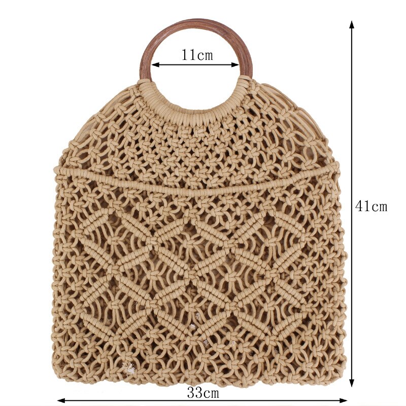 Geweven vrouwen Handtas Netto Zak Handgemaakte Zomer Stro Strand Zakken Bohemen Vrouwelijke Netto Pocket Hollow Ronde Handvat Tote Mesh tas