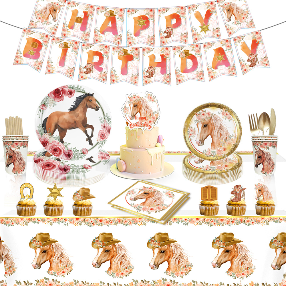 Décoration de fête d'anniversaire thème cheval, fournitures britanniques, nappe en papier, ballons d'arrière-plan, d'anniversaire pour bébé
