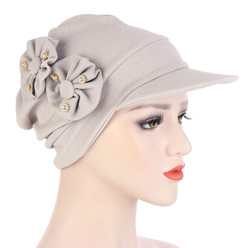 Muslim Turban Hijab Cap Women Turban Hat With Brim Flowers Head Wraps Solid Sun Protection Hats Lady Head Wear Turban: light grey