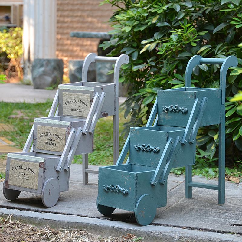 Amerikansk land massivt træ mini blomsterstativ trolley balkon træ sukkulent urtepotte desktop opbevaringsboks