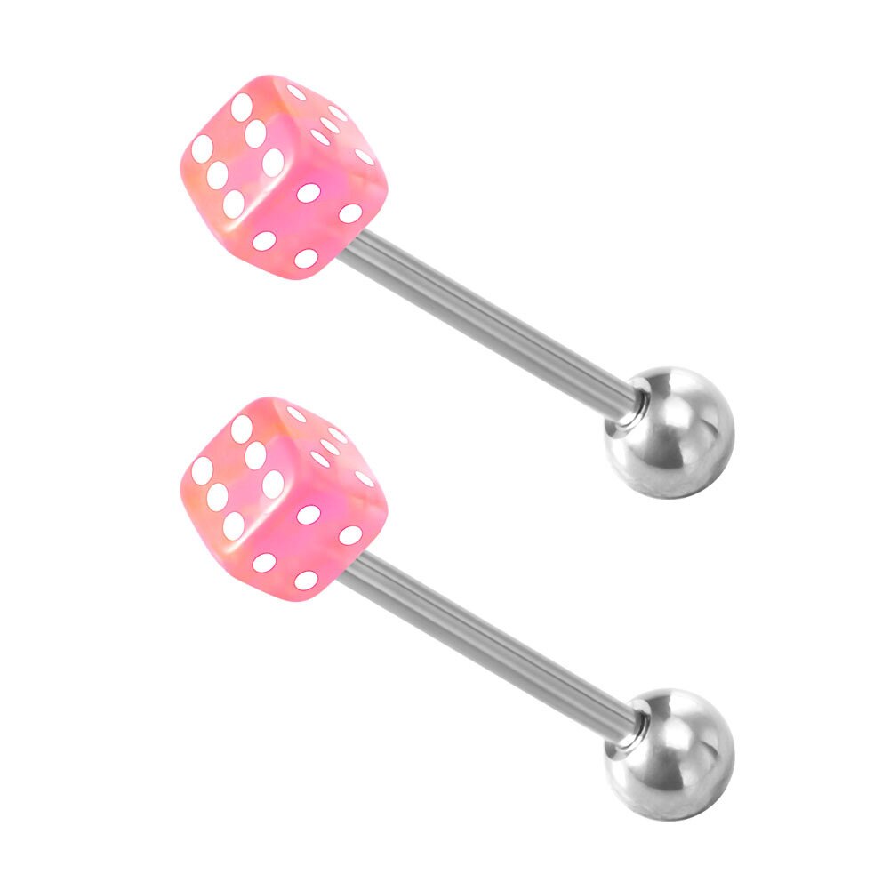 1 Paar Rvs Tong Piercing Sieraden Geluk Dobbelstenen Tong Ringen 14G Vrouwen Roestvrij Staal Tong Ring Bars barbell: pink