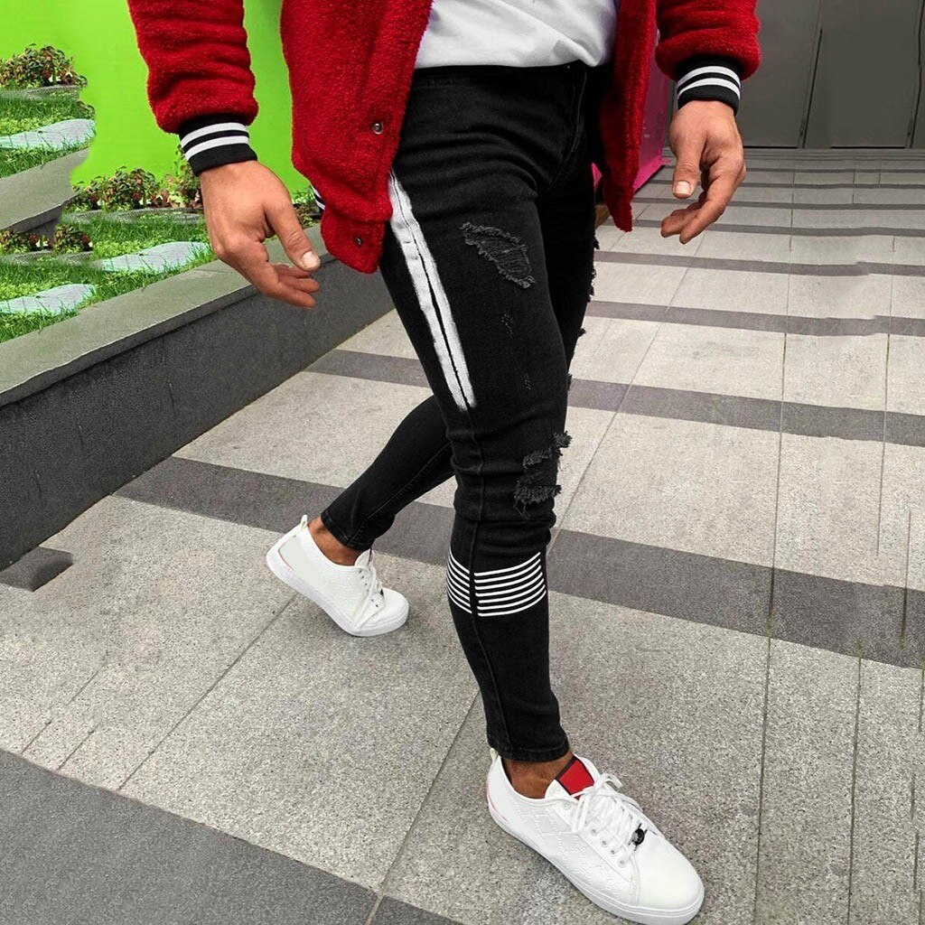 Skinny Ripped Jeans Men Pants Streets Hip Hop Cowboy Trousers Zip Jeans Pencil Pant Trousers Vaqueros Hombre#g36