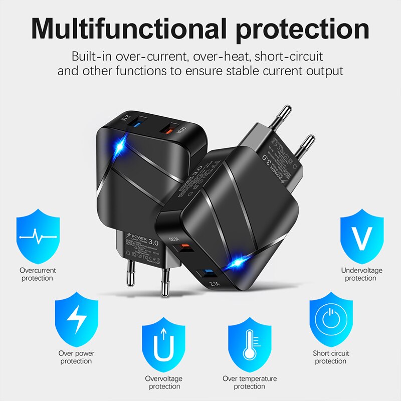 Cargador USB Dual de 28W QC3.0, cargador de teléfono móvil de carga rápida de 12V 1.5A para iPhone 12, Samsung, Xiaomi, Tablet de pared
