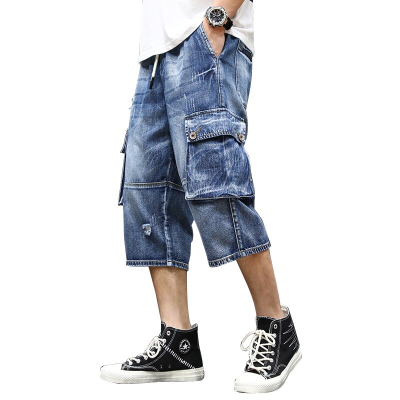 Herr streetwear sommar jeansshorts i bomull under knä lös passform casual cargo korta jeans hombre hip hop elastiska midja byxor: Xl