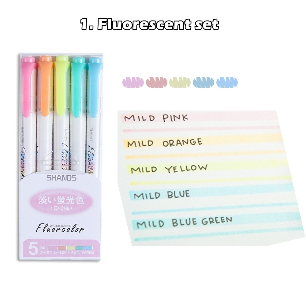 5 stk mild farve highlighter liner penne sæt dobbelt spids fed fin venlig fluorescerende markør bogstaver tegning kontor skole  f782: Fluorescerende sæt