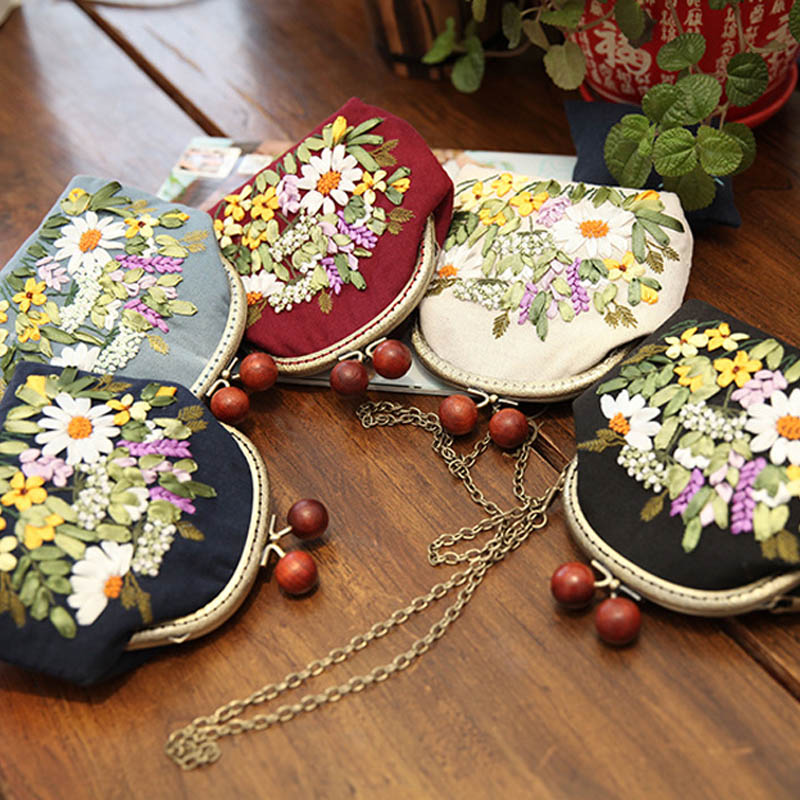3D DIY Ribbon Embroidery Bag Set, Needlework Kits Cross Stitch Chain Bag with Hoop,Handmade Swing Purse Wallet