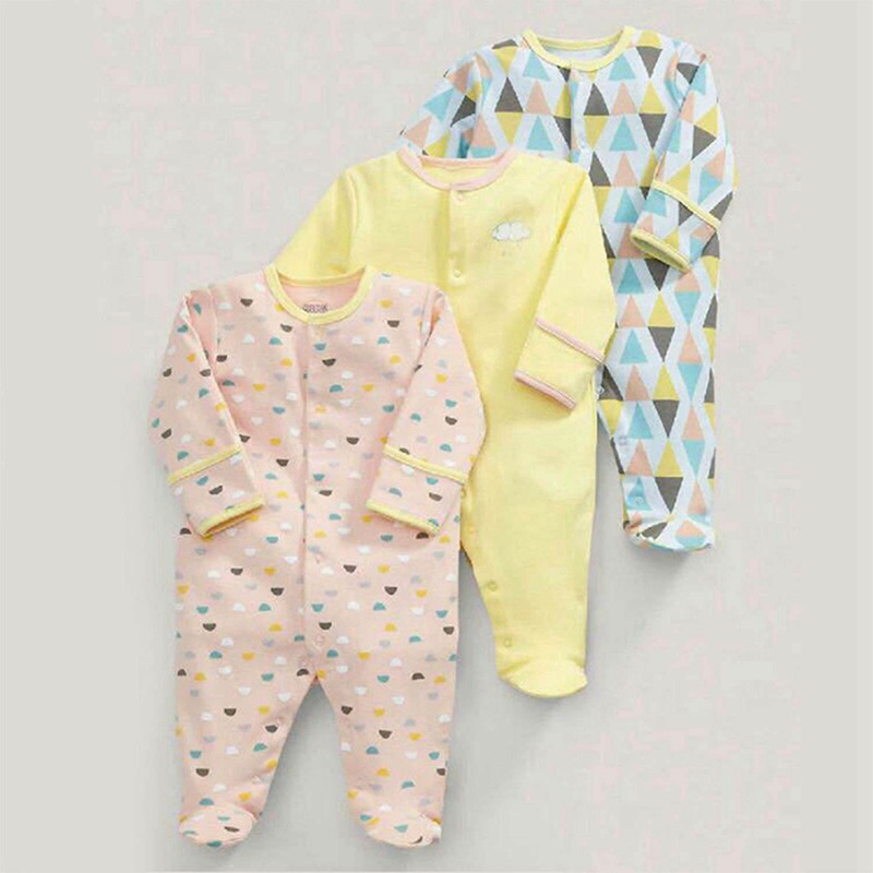 Spring and Autumn Geometric Picture Cotton Long Sleeve Baby One Piece Swimsuit 3 Piece Set 50cm(Pink & Yellow & Blue)