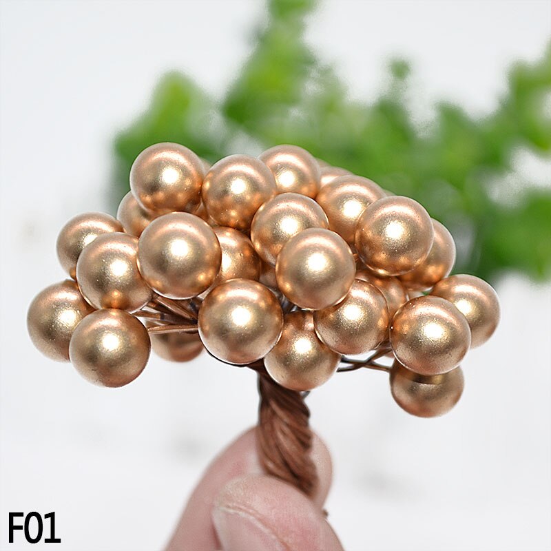 100 st / parti 10mm röda körsbär konstgjorda blommor frukt ståndare körsbär diy bröllop dekoration årslådor kransar blomma: Guld-