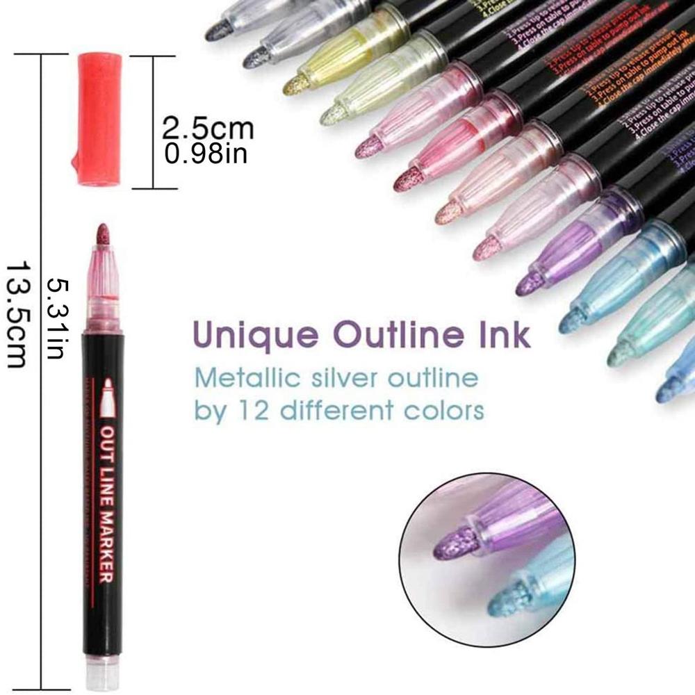 Dubbele Lijn Overzicht Marker Pennen 12 Kleuren Metallic Overzicht Markers Pennen Self-Outline Metallic Markers Dubbele Lijn Pen