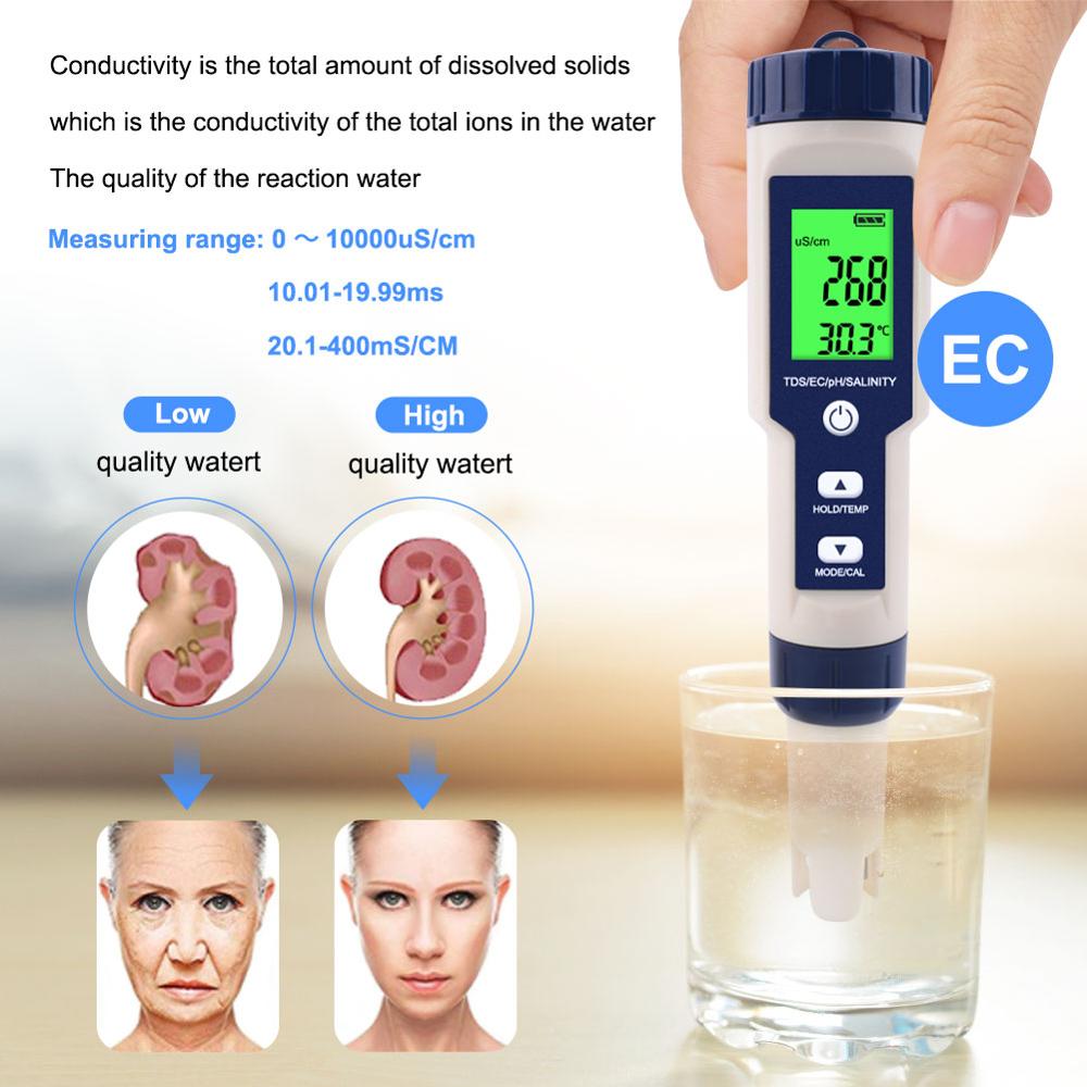 Digitale Water Tester 5 In 1 Ph/Tds/Ec/Zoutgehalte/Temperatuur Tester Pen Waterdichte Multi-functie Meter Voor Aquarium Zwembad