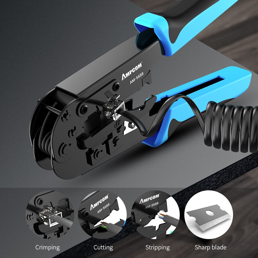 AMPCOM Crimping Tool RJ45 and RJ12, RJ11 Crimper Cutter Stripper Network Cable CrimpTool for 4P 6P 8P RJ-11/RJ-12 RJ-45