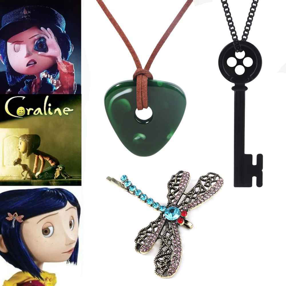 Film Coraline Halskette Grüner Sichtstein Anhänger Halskette Seilkette Schwarzes Skelett Schlüsselhalsband Libelle Haarnadel Schmuck: Rhodiniert