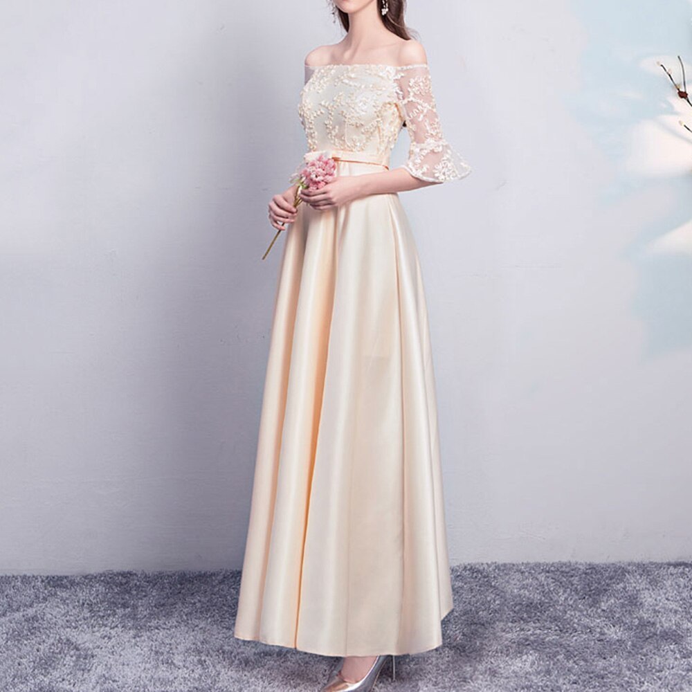 Bruidsmeisje Jurken Lange Voor Wedding Party Off-De-Schouder Kanten Ruches Half Mouwen Applicaties Elegante Zoete Wedding Party jurk: Champagne / 6