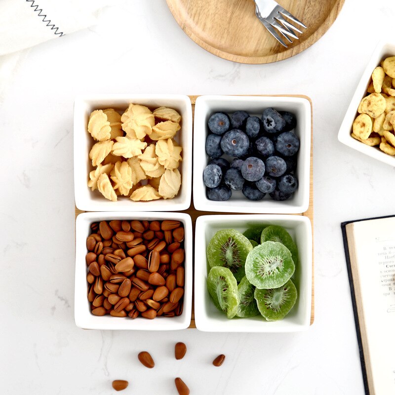 Keramische plaat houten schaal japanse stijl rooster snacks meloen fruit partitie plaat gedroogd fruit bord snoep noten schaal combinatie