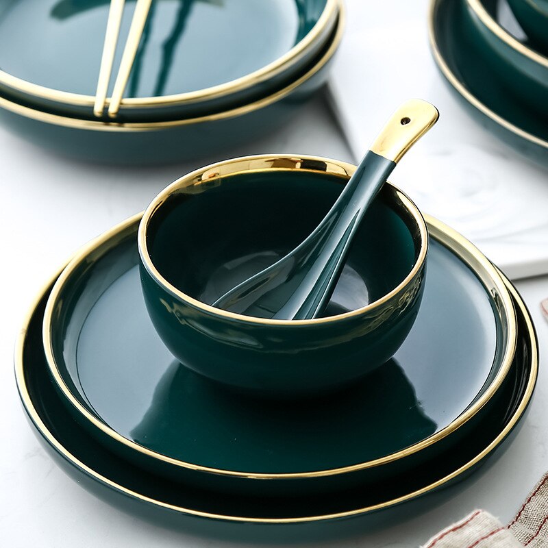 Luxury Plates and Bowls Dish Spoon Dinner Set with Glod Rim Ceramic Salad Ramen Bowl Deep Plate Crockery Green Dinnerware