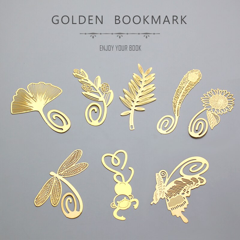 8pcs Golden Feather Bookmarks for Books Butterfly Sunflower Dragonfly Page Marker for Reading Office School Supplies A6409