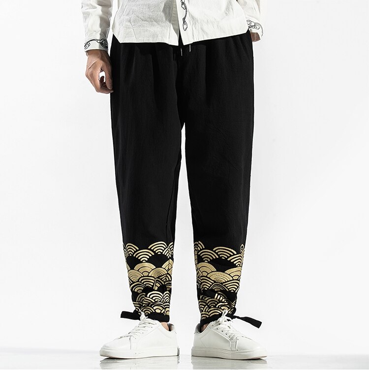 Pantalones bombachos estampados de estilo Retro chino para hombre, traje Tang, uniformes de Kung Fu, pantalones bombachos de lino sueltos informales, ropa de calle de japonesa