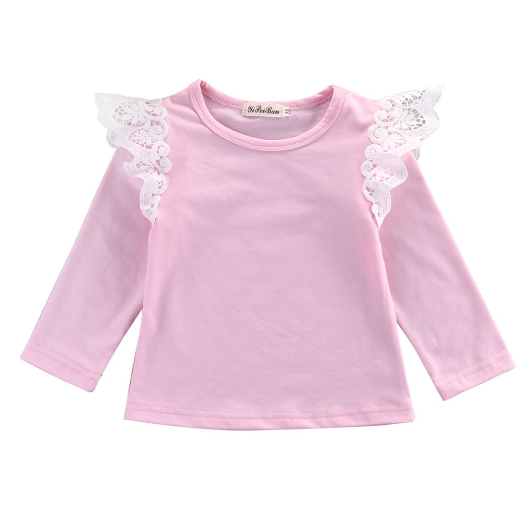 Babys Mädchen T-Shirt Spitzen Kleidung Geburtstag Spitze fliegend lang Ärmel Spitzen Outfit Bluse: Rosa / 6m