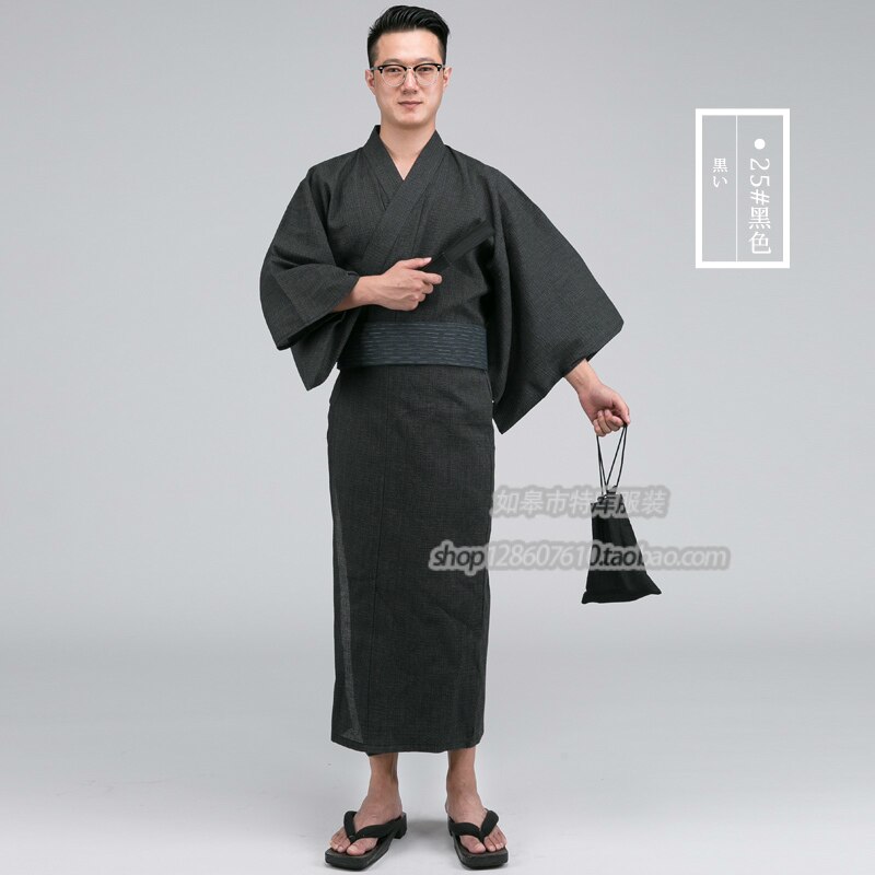 Male Traditional Japan Kimono Bathrobes Mens Cotton Robe Yukata Men Bath Robe Summer Sleepwear with Belt and fan A52601