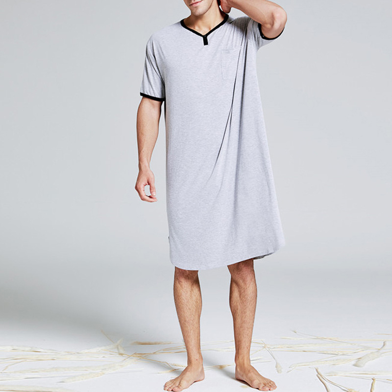 Mannen Pyjama Vintage Korte Mouw Katoen Gewaden V-hals Effen Kleur Nachtjapon Heren Badjassen Homewear M-3XL: gray / Xl