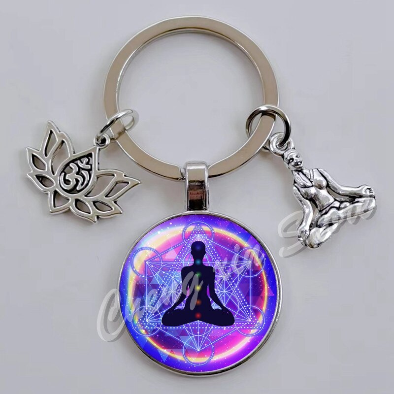 Indian Buddha Meditatie 7 Chakra Mandala Psychedelische Yoga Glas Cabochon Sleutelhanger Ornament