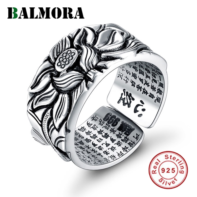 Balmora real 999 puro prata retro flor de lótus aberto empilhamento dedo anel para homens budismo sutra moda jóias