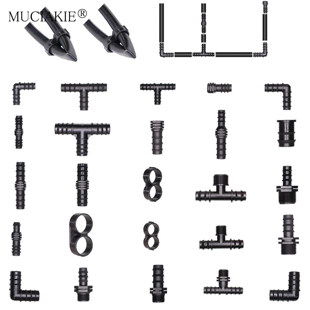 Drip Irrigation Water 16 20 25MM Barbed Connectors Tee Coupling Elbow Cap Plug End Kit 1/2 3/4&#39;&#39; Male Thread Tubing Hose Fitting