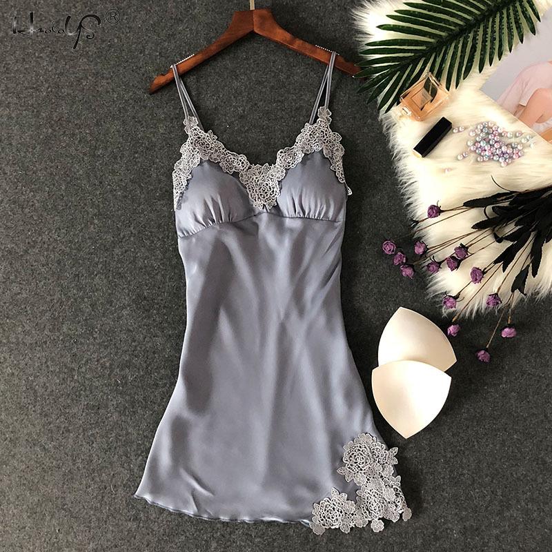 Women Silk Sleepshirts Lace Babydoll Lingerie Satin Chemise Nightgown V Neck Sleepwear Nighty Nightgown wWith Chest Pad Homewear