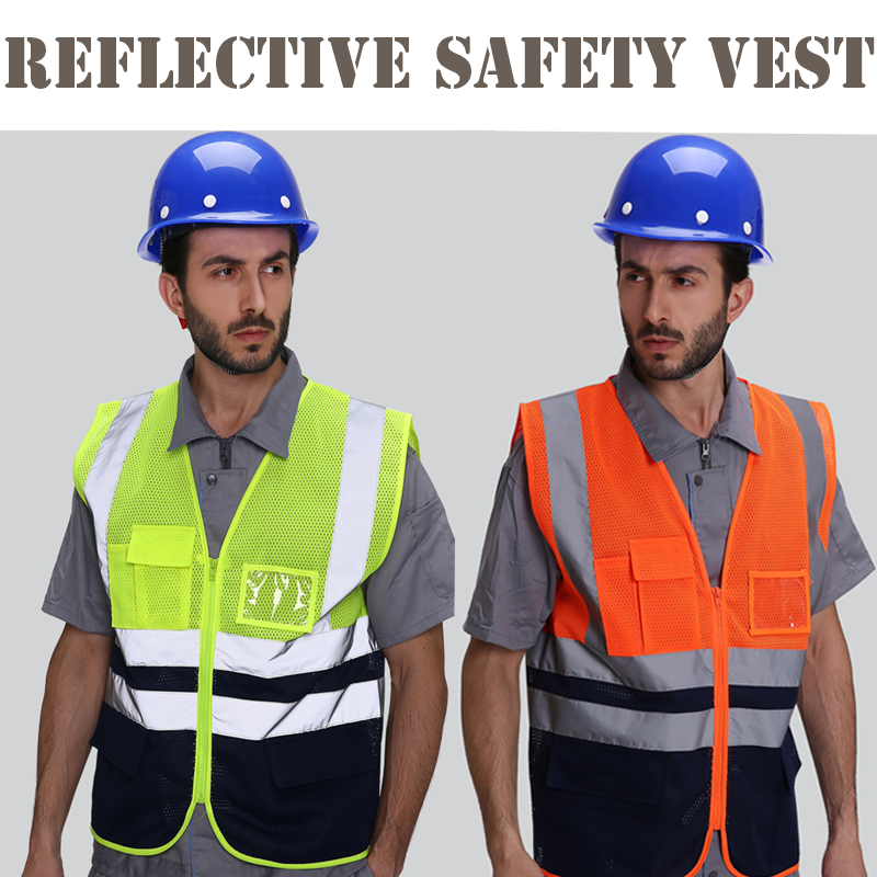 High visibility vests reflective safety tops for women men unisex construction worker builder two tone yellow black orange black