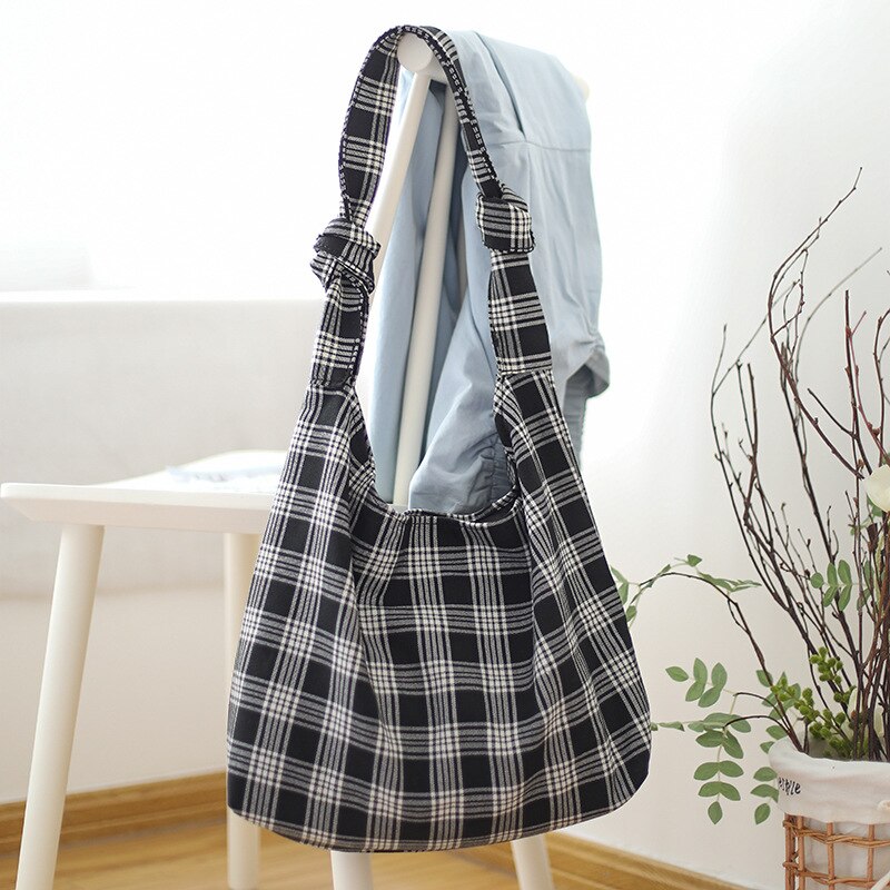 Preppy stijl tiener tweed betaalde boho handtas vrouwelijke casual grote capaciteit stof zachte dagelijkse school boeken shopper over schoudertas: Zwart