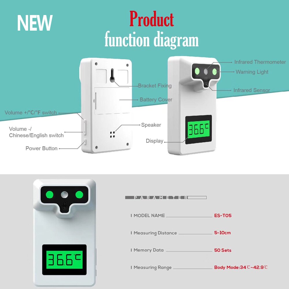 Non-contact Infrared Forehead Thermometer Digital Thermometer Senor Wall Mount Automatic Temperature Alarm LCD office: ES-T05