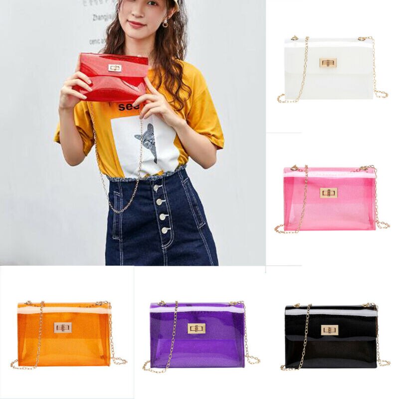Vrouwen snoepkleurige transparante pvc doorzichtige crossbody jelly bag handtas schoudertas portemonnee zwart wit tas