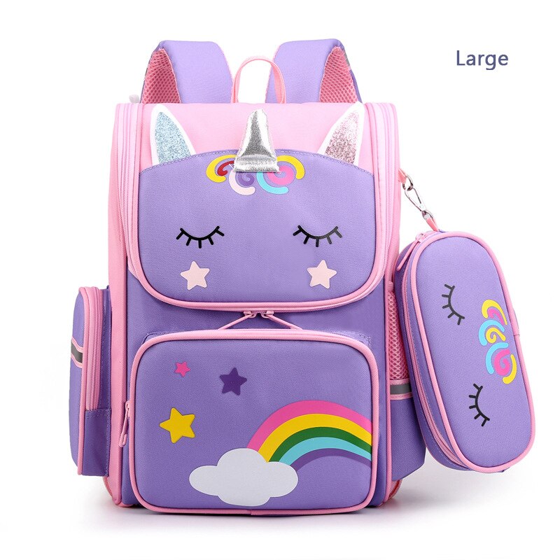 Kinderen 3D Waterdichte Lichtgewicht School Rugzak Orthopedische Boekentas Meisjes Leuke Regenboog Schooltas Hoge Capaciteit Sac: Purple Large