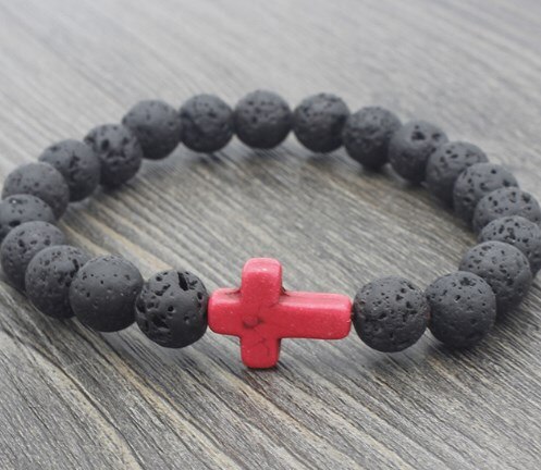 8mm noir volcanique pierre de lave xf323 v croix rouge bleu rouge turquoise Yoga élastique fil ajuster perle pierre Bracelet bracelets: 2