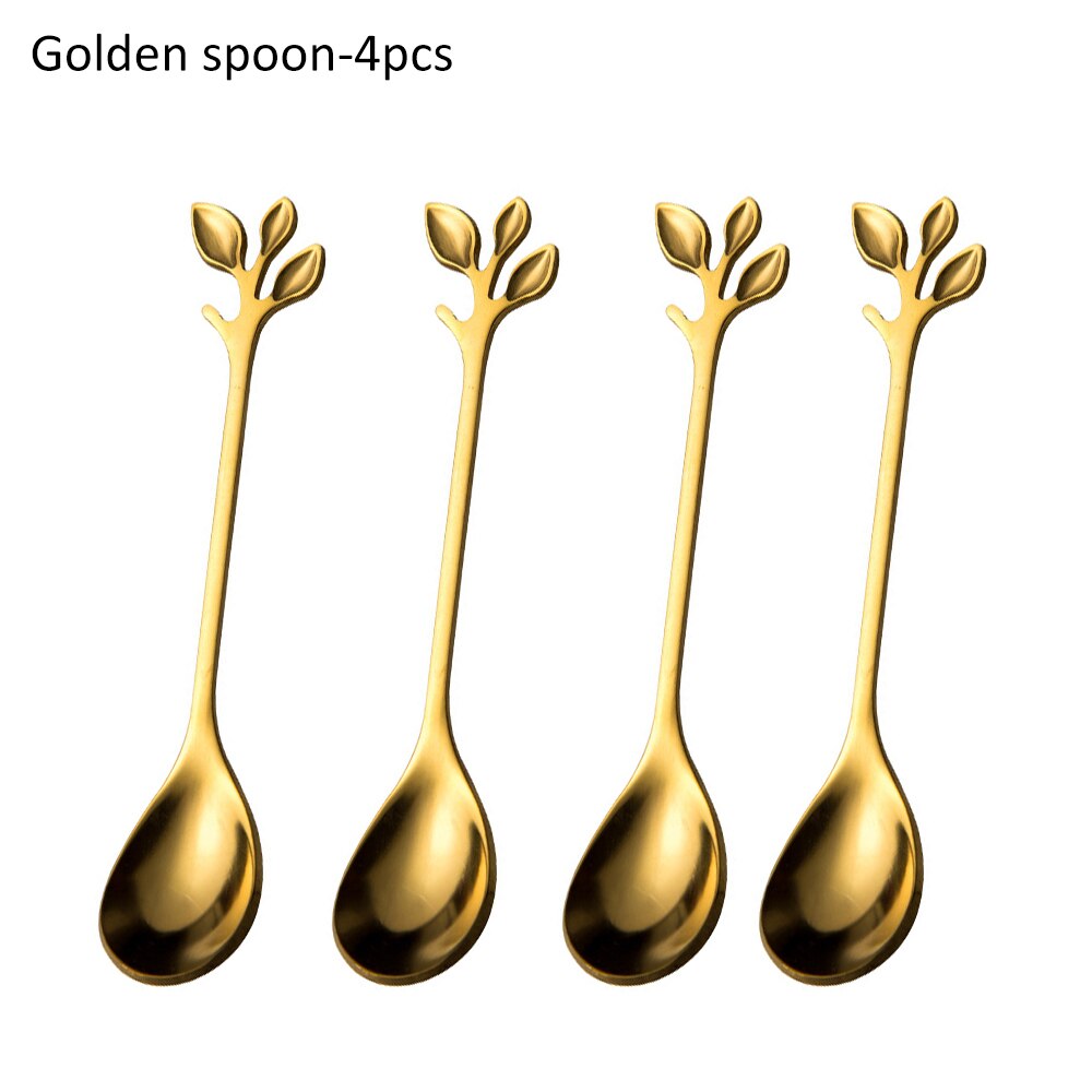 Coffee Stirring Spoon Stainless Steel Branch Leaves Handle Teaspoon Dessert Scoop Fork Kitchen Tableware Christmas: Golden / Fork