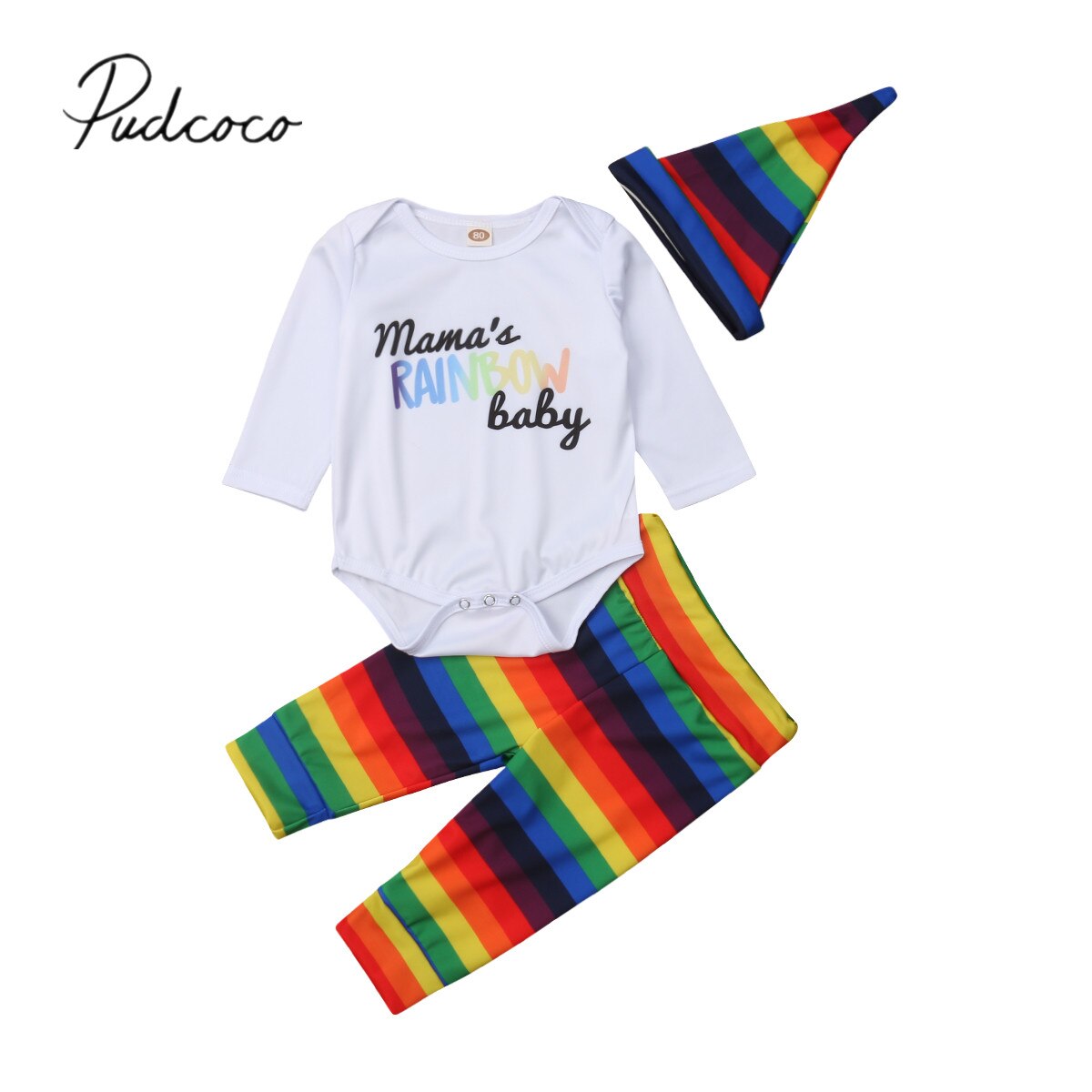 Brand Pasgeboren Baby Kid Baby Meisje Jongen 3 stks Sets Kleding Romper Kleurrijke Regenboog Gestreepte Lange Broek Hoed outfits 3-18 m