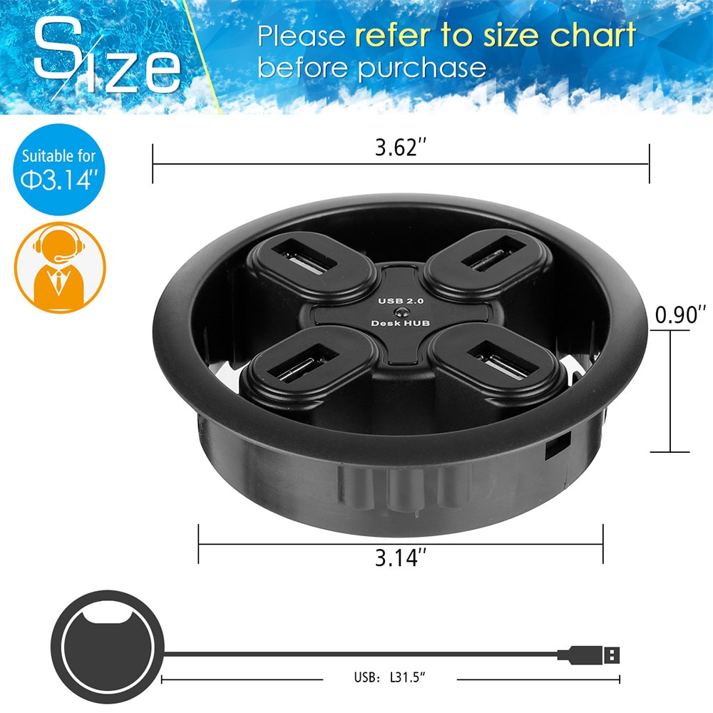 USB HUB Mount In Desk HUBs USB 2.0 HUB With 4 Port USB2.0 Headphone/Mircophone Jack For Deskpot PC/Tablet USB 2.0 Splitter