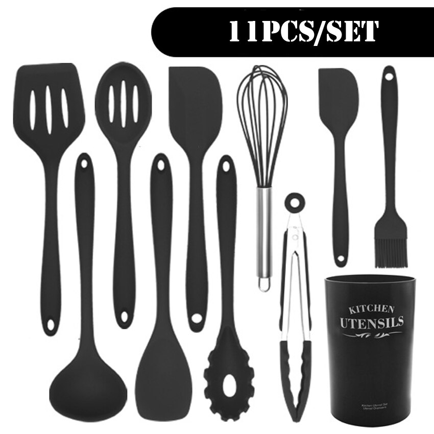 Svart matlagningsredskap set i silikon med non-stick bakredskap köksutrustning slitsad vändare spatel sked mattång kökssats