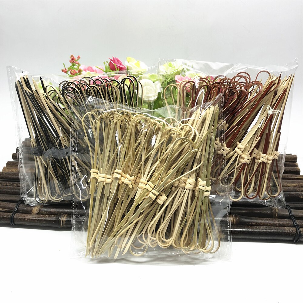 50PCS Disposable Bamboo Stick with Twisted End Scissors Shape for Barbecue Snack Sandwich Fruit Food Bamboo Stick 12cm Length